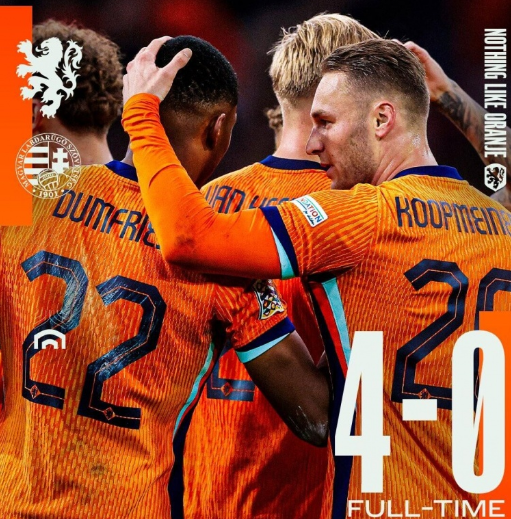 欧国联-荷兰4-0匈牙利小组第二晋级八强 加克波点射邓弗里斯传射