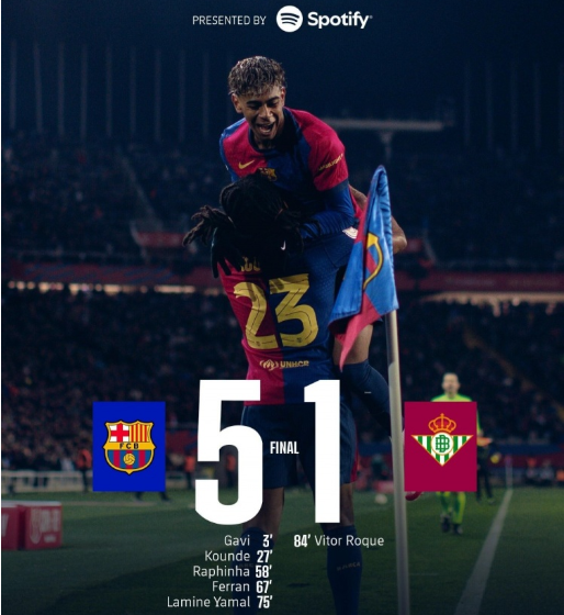 国王杯-巴萨5-1贝蒂斯晋级8强 巴萨两球被吹 亚马尔传射 奥尔莫两助 国王杯-巴萨5-1贝蒂斯晋级8强 巴萨两球被吹 亚马尔传射 奥尔莫两助